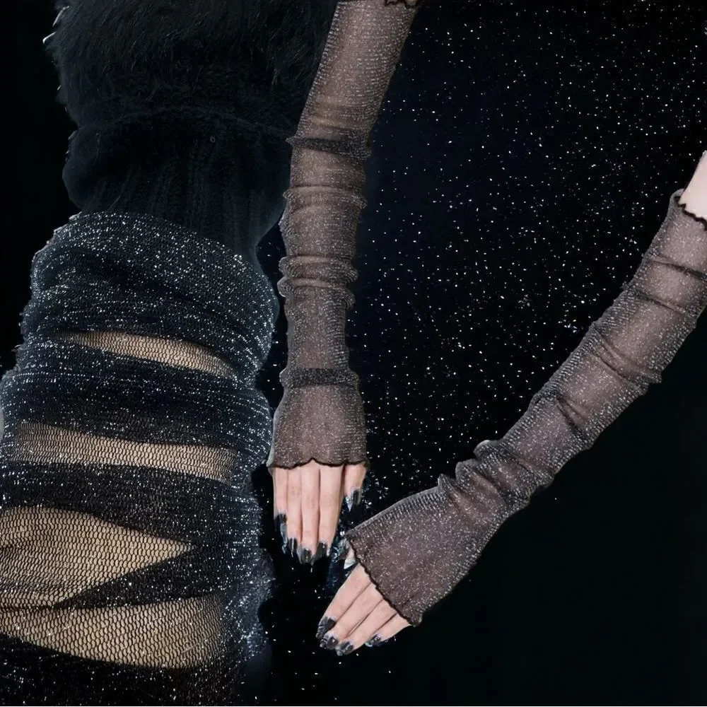 SXY l Custom Set l Elegant Black Arm Sleeves (Sheer) Fuzzy Fingerless Gloves New